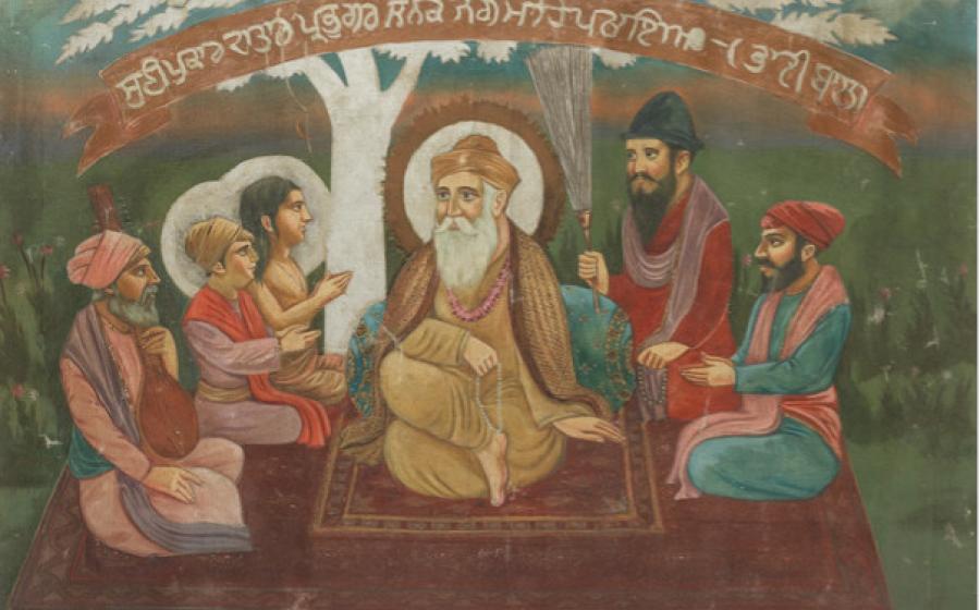 Painting of Guru Nanak seated beneath a tree with his two sons (Sri Chand and Lakhmi Das), Bhai Mardana, Bhai Bala, and possibly Bhai Lehna (future Guru Angad). 