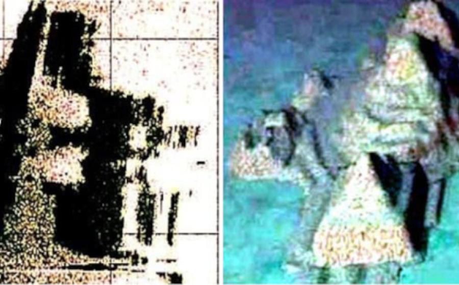Left; the sonar images that started the furor. Right; Reconstructed image of what could be beneath the waves, based on the sonar scan of the sea floor off the coast of Cuba.