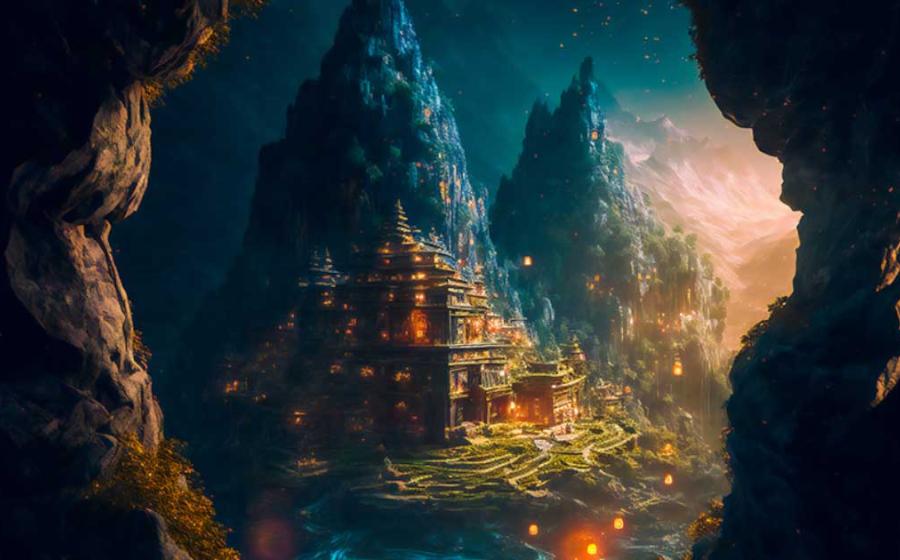 The mythical city of Shambhala, as generated by AI technology. Source: EwaStudio / Adobe Stock 