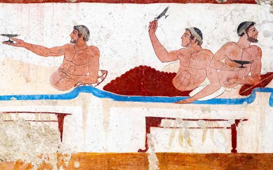Three Greek youths wonder where the wine has gone. Paestum, 470 BC. Source: BlackMac / Adobe Stock.