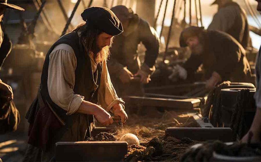 Pirate crew members diligently swab the deck, maintaining the condition of their ship while sailing across the ocean. Source: Davivd/Adobe Stock