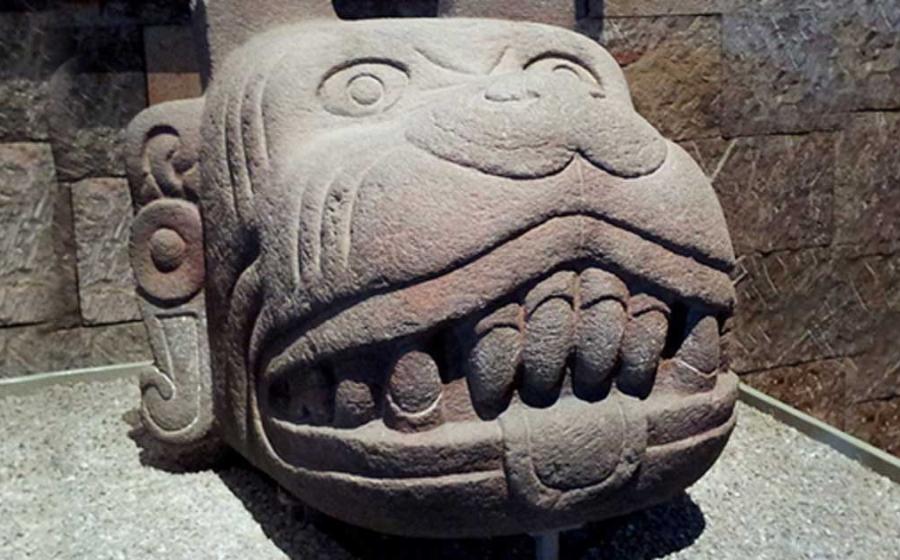 Aztec sculpture representing the head of the aztec god Xolotl, exhibited in the Mexico room of the Museo Nacional de Antropología de México.