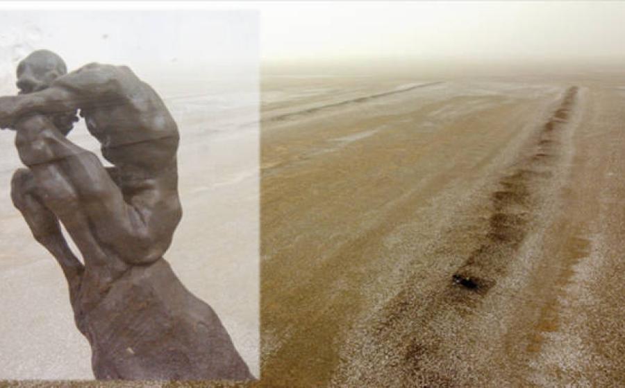 Part of massive agricultural system in Iraq. Overlay,  Zanj Rebellion sculpture by Ahmad Barakizadeh (2005)