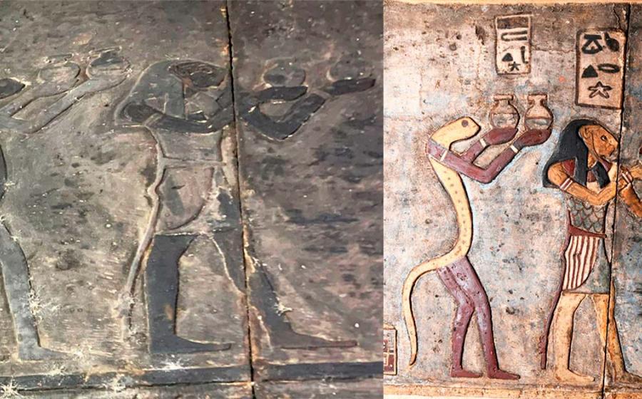Representation of decans, zodiac signs used to measure the twelve hours of the night, on the ceiling of the Temple of Esna. On the left pre-restoration and on the right post-restoration. Source: Ahmed Emam / Ministry of Tourism and Antiquities