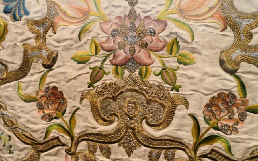 Detail of altar frontal (antependium}, France or Italy, 1730-1740. Silk satin with silk and metallic-thread embroidery, guipure and gaufrure. 