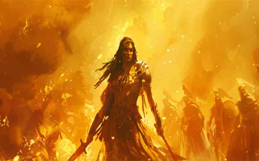 Painting of a fierce Amazonian woman leading her army into battle. Source: Pana/Adobe Stock	