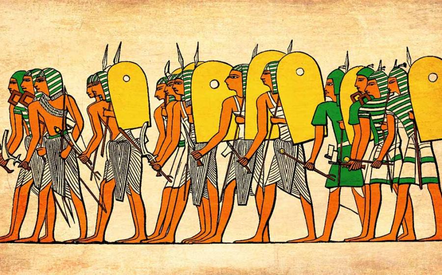 Representation of ancient Egyptian military unit going to battle.        Source: Acrogame / Adobe Stock