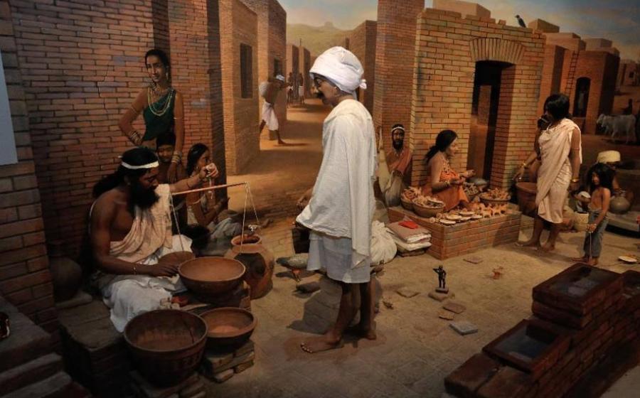 Diorama of people in the ancient Harappan culture (Indus Valley civilization).