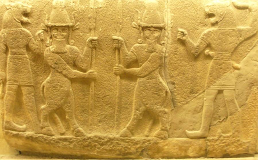 Supernatural beings such as the Kusarikku hybrid bull-men, pictured here in the middle, are featured in ancient Mesopotamian lullabies. They remain kind until disturbed, in this case, disturbed by a baby’s cries.                    Source: QuartierLatin1968 / CC BY-SA 2.0