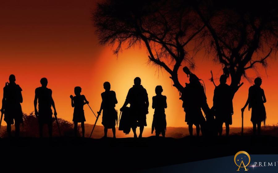 Silhouettes of African aborigines at sunset.