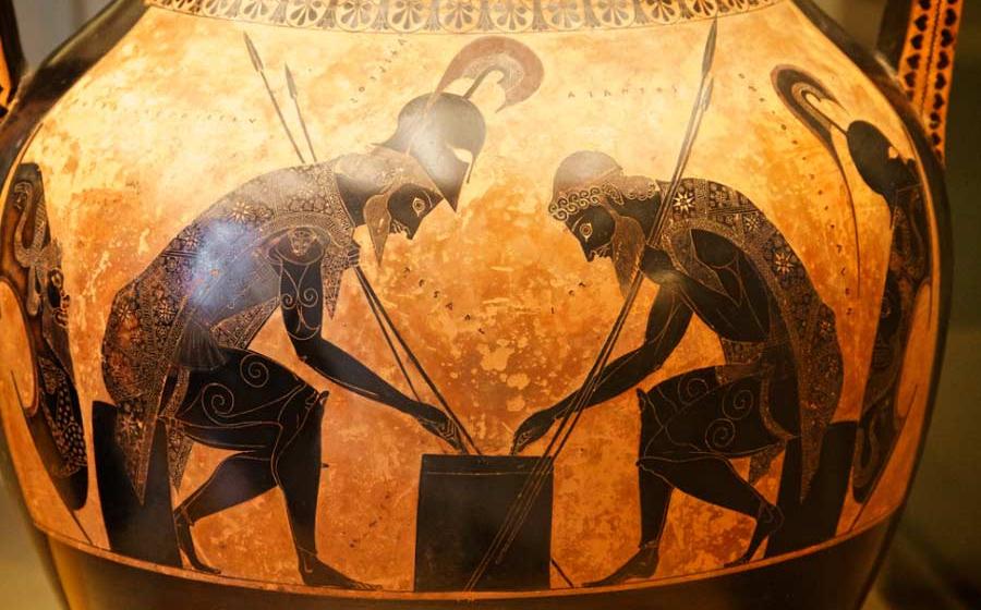 Evidence of ancient gambling is shown on this 540BC ceramic illustrating Achilles and Ajax playing dice.	Source: Nick Thompson / CC BY-NC-SA 2.0)