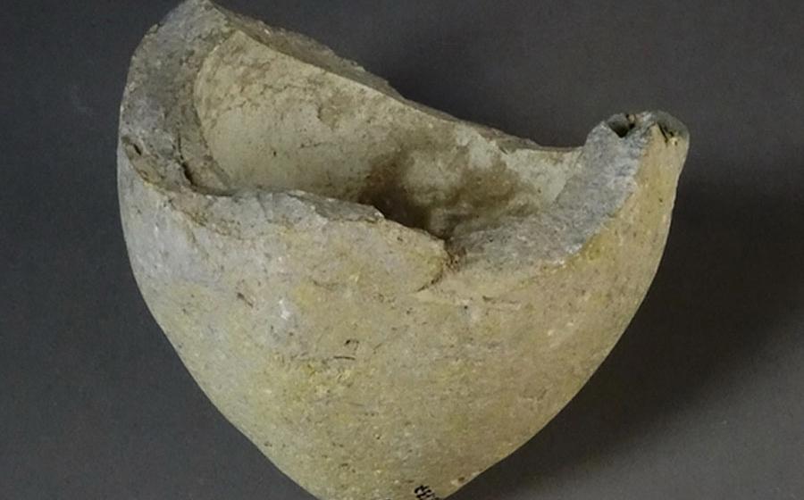 A fragment of the sphero-conical vessel that was identified as containing a possibly explosive material to make an ancient hand grenade.	Source: Robert Mason, Royal Ontario Museum. Griffith University