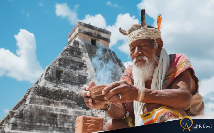 AI image of a South American man preparing for a traditional ceremony at an Aztec pyramid.