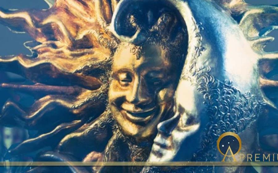 Venetian Carnival Mask of Golden Sun and Silver Moon by allasimacheva. (Adobe Stock)