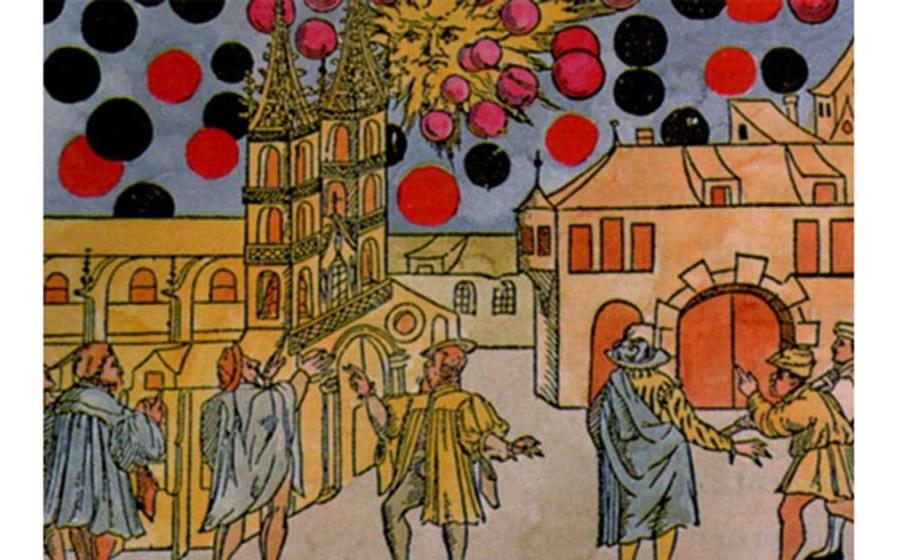 Hand-colored woodprint by Samuel Coccius, Basle Switzerland 1566. August 7th many black globes moved before the sun at great speed and seemed to be fighting. Was this an ancient UFO sighting or celestial event?