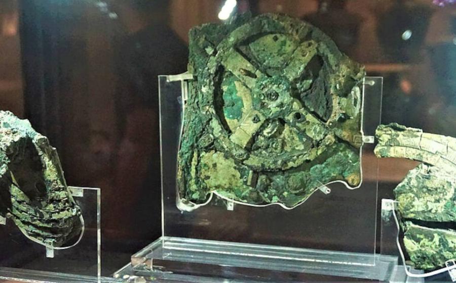 Fragments of the Antikythera Mechanism, an Ancient Greek device long believe to be a type of analog computer, on display at the National Archaeological Museum in Athens.  