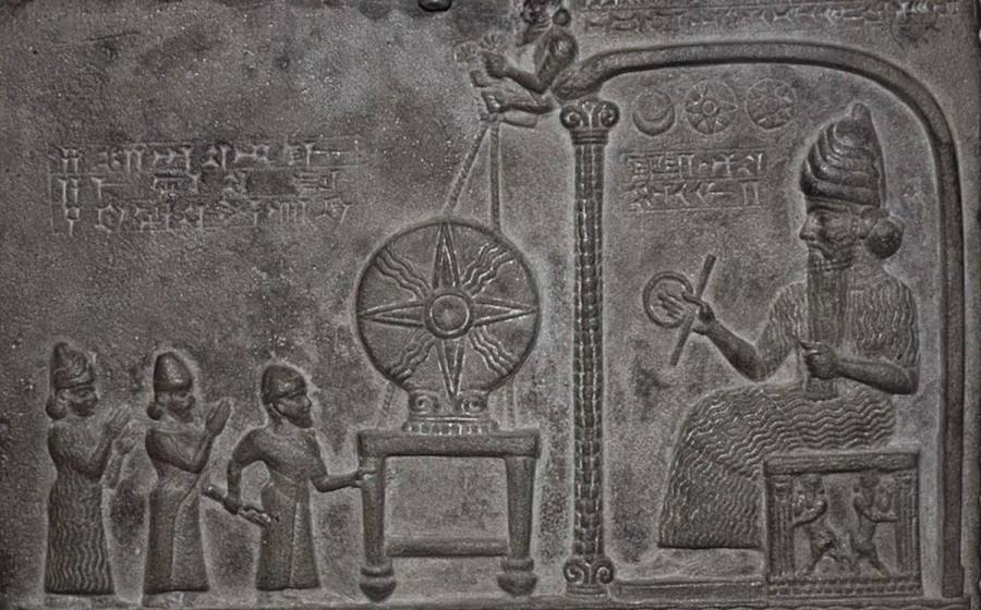 Tablet sculptured with a scene representing the worship of the Mesopotamia Sun-god in the Temple of Sippar.