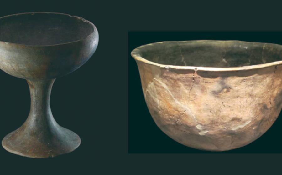 Pottery chalice, emblematic of the expansion phase of El Argar (left), and pottery sample from El Argar peripheral communities (right), communitie found in the Cerro de la Campana.