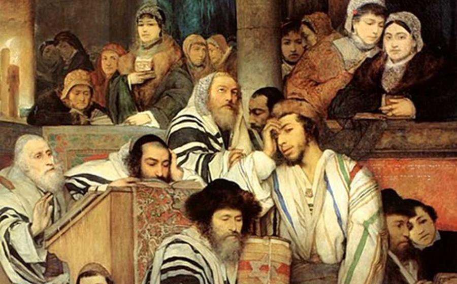 Detail of ‘Ashkenazi Jews praying in the Synagogue on Yom Kippur. (1878 painting by Maurycy Gottlieb)