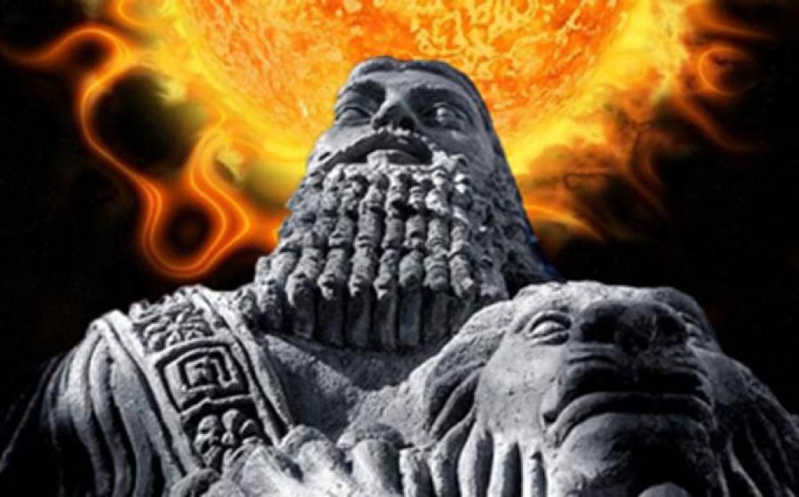 Deriv; Stone statue of Gilgamesh (CC BY 2.0), used here as a representation of an ancient Mesopotamian man. Background: Solar event. (CC0) Information provided by ancient Assyrian astrologers can help modern scientists predict future solar storms.