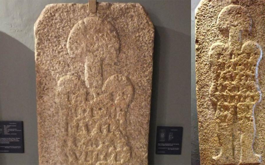 The stele dubbed by some as the “astronaut of Casar” is exhibited in the Caceres Museum, Caceres, Spain.      Source: Left; Alberto del Barrio Herrero / CC BY-SA 2.0, Right; verpueblos