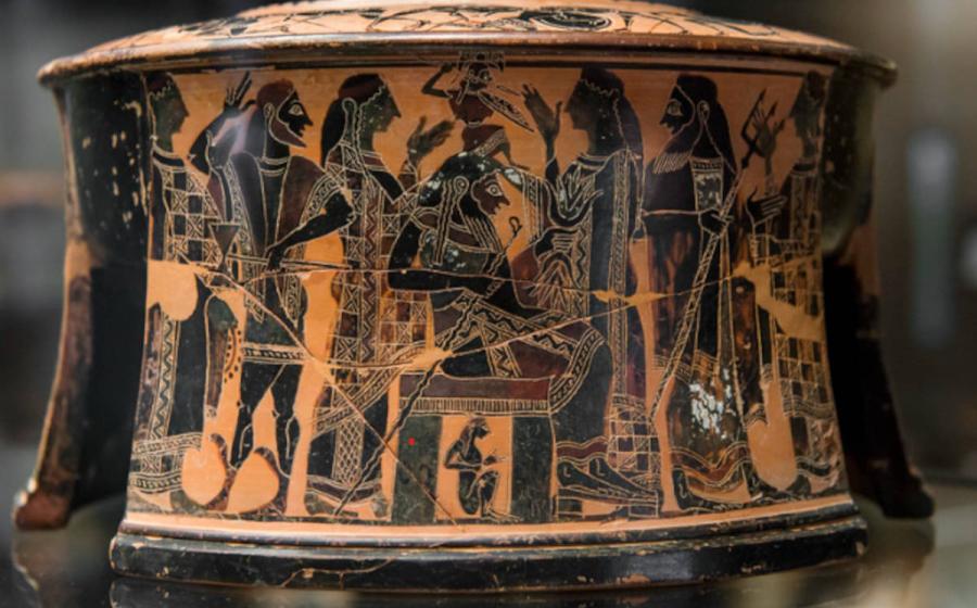Illustration of the birth of Athena from Zeus’ head, 570-560 BC, decorating a pyxis (ancient Greek jewelry box).