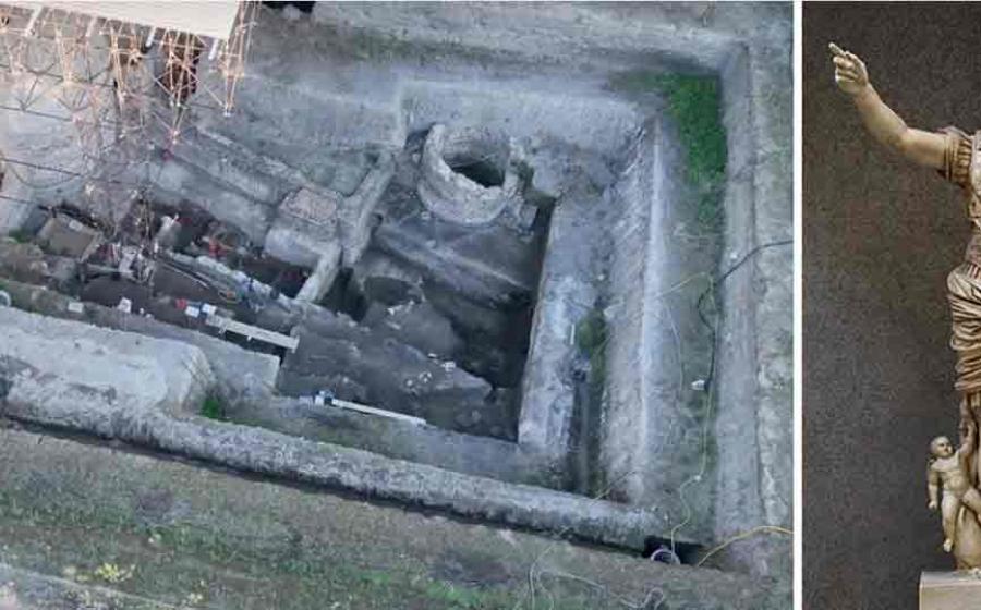 Left; The excavation site at Somma Vesuviana. Credit: Right; Augustus Caesar of Prima Porta statue. 	Source: Left; University of Tokyo Foundation.  Right; Vatican Museums/CC BY-SA 4.0