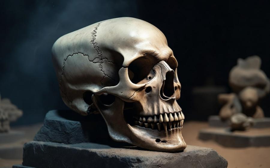 A dramatic, atmospheric close-up of a single elongated Paracas child skull resting on a museum display block. AI-generated image created to illustrate the mysterious and striking appearance of the Paracas elongated skulls.