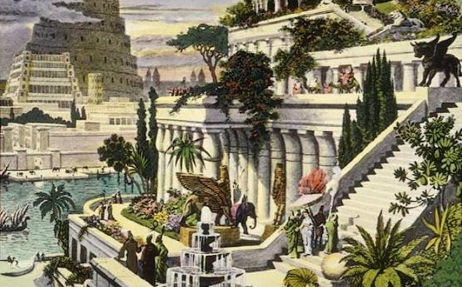 Hand-colored engraving of the Hanging Gardens of Babylon (19th Century)