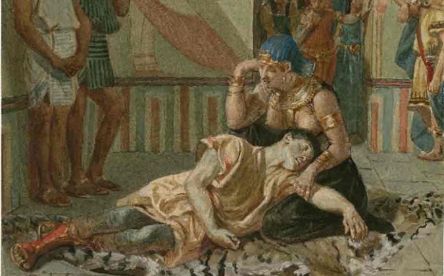 A late 19th-century painting of Act IV, Scene 15 of Shakespeare's Antony and Cleopatra: Cleopatra holds Antony as he dies. Source: Alexandre Bida/ CC BY-SA 4.0 