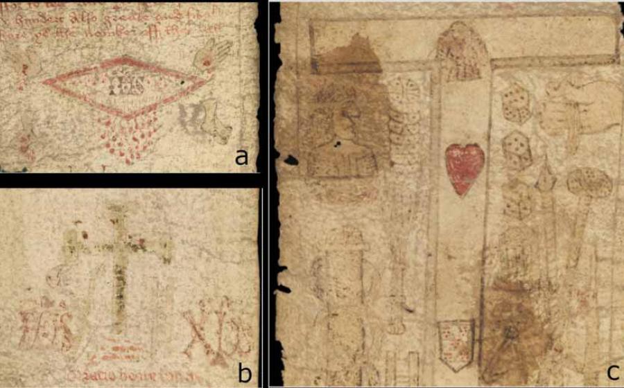 Images of the MS. 632 birthing girdle. a) The dripping side-wound. b) The rubbed away green cross or crucifix. c) Tau cross with red heart and shield.  Source: Courtesy of the Wellcome Collection