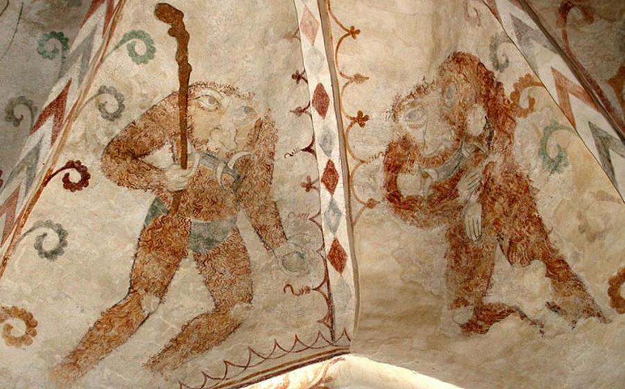 Dalbyneder Church, the western arch in the naive with a gothic fresco from 1511 of two blemmyes 