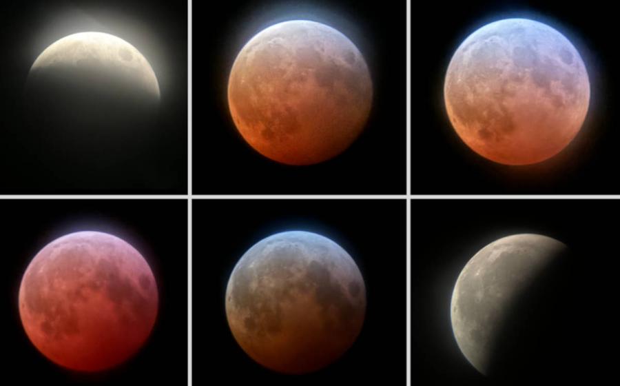 Multiple phases of a lunar eclipse and blood moon.