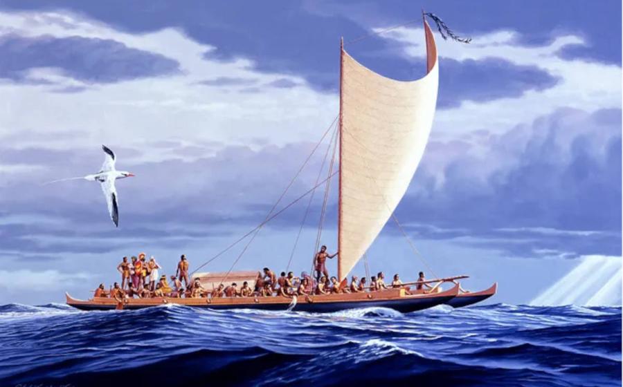 AI-generated image of ancient boat sailing the Pacific Ocean.