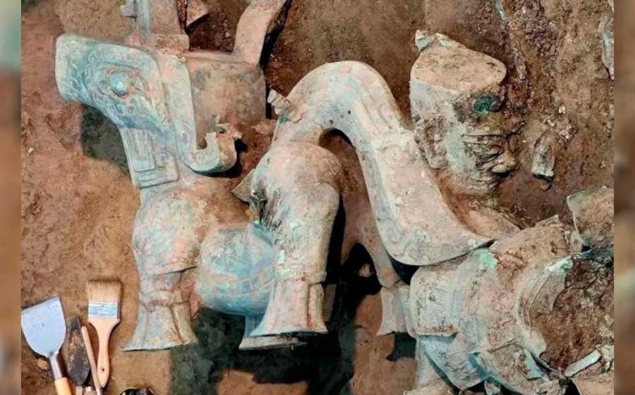 Bronze mythical beast extracted from pit No. 8 at Sanxingdui, China. Source: Weibo