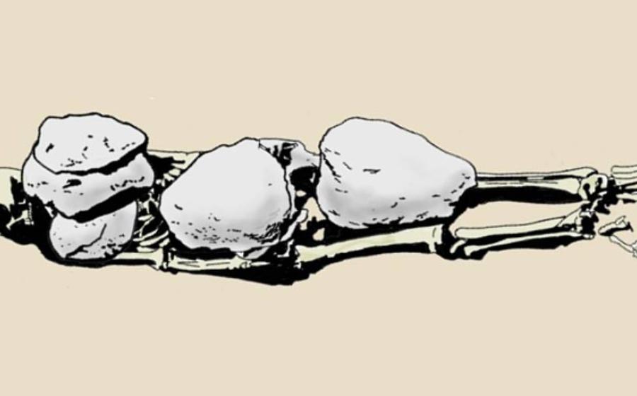 Drawing by D. Weiss of the burial in Tomb 693, from G. Di Stefano's journal.