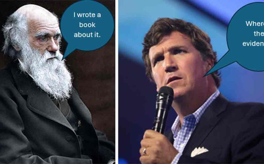 Left; Charles Darwin, Right; Tucker Carlson.	Source: Left; Julius Jääskeläinen/CC BY 2.0 Right; Gage Skidmore/CC BY-SA 2-0