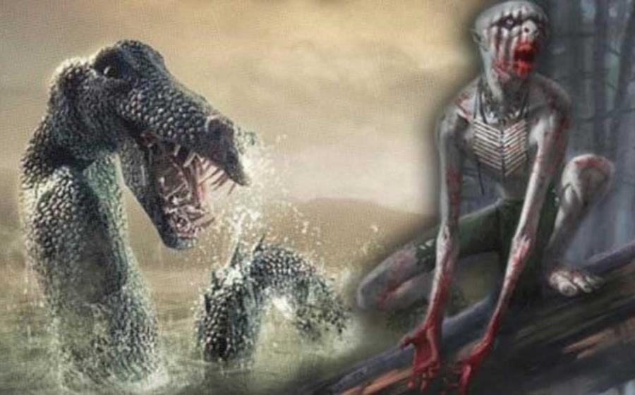 Illustration of Ogopogo and an image of a Wendigo 