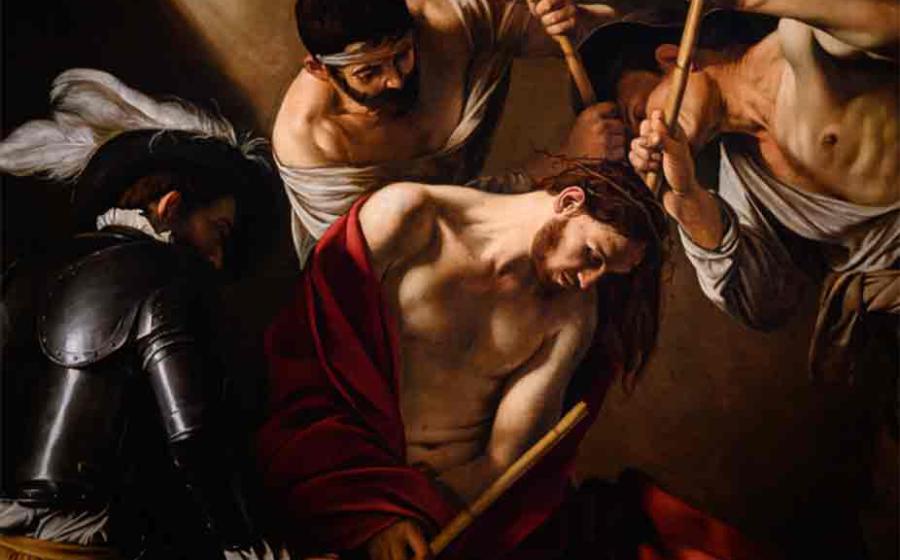 The Crowning with Thorns (c. 1603) by Michelangelo Merisi da Caravaggio (1571–1610).  Kunsthistorisches Museum (Art History Museum) in Vienna. Source: Adam Ján Figeľ/Adobe/Stock