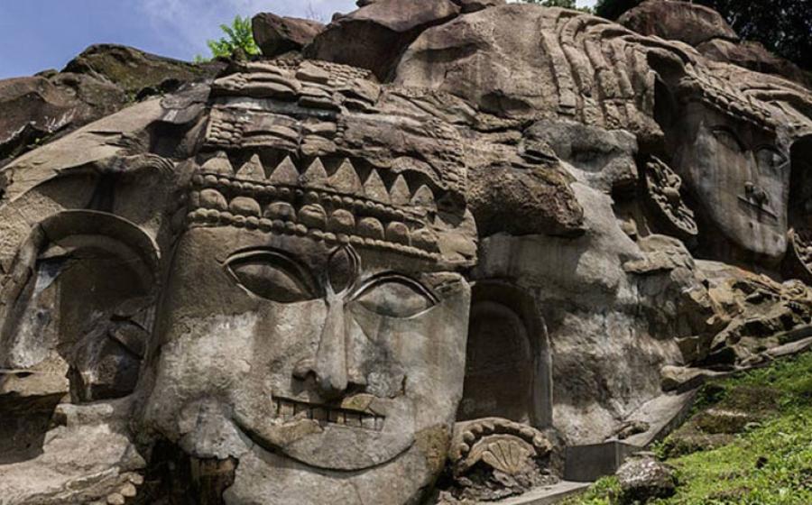 Detail of the beautiful rock cut carvings at Tripura. Bas-relief images at Unakoti are from the 11-12th century A.D.