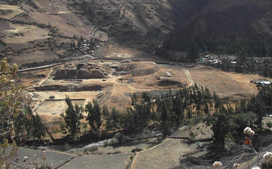 The site of Chavin de Huantar in modern-day Peru, which includes several monumental buildings overseeing a large plaza at an elevation of 10,000 feet (3,000 meters).