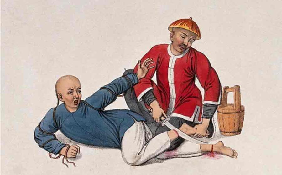 A Chinese prisoner who has tried to escape is lying on the ground while a man wearing a red jacket is cutting his ankles with a sword. Colored stipple print by J. Dadley, 1801.Source: Wellcome Collection/ Public Domain