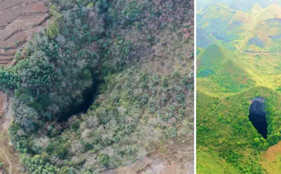 Right; China sinkhole forests show biodiversity in Hanzhong. Right Sinkhole examined in 2022. 	 Source: Left; Charlie fong/CC BY-SA 4.0, Right; Zhou Hua / Xinhua