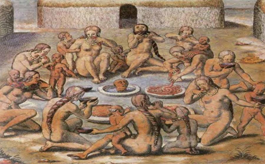 Scene of cannibalism based on European accounts of expeditions to the Americas from America tertia pars by Theodor de Bry, circa 1592. Source: Public domain