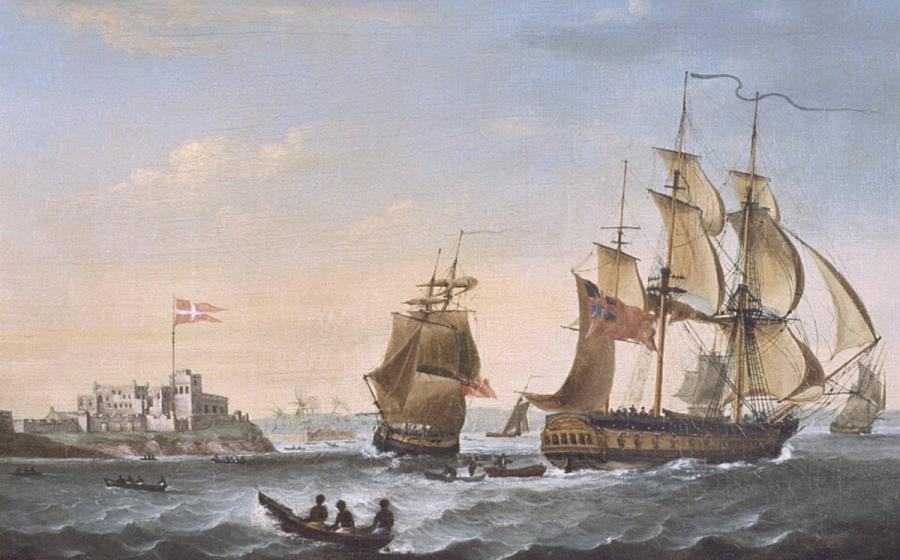Danish ships sailing in and out of Fort Christiansborg, the largest Danish colonial settlement in Ghana and the major Danish port supporting the Trans-Atlantic slave trade (painting by George Webster, 1806).