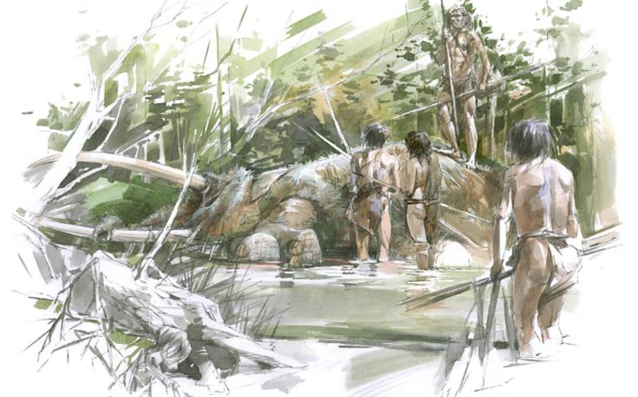 Reconstruction of the Schöningen lakeshore as the humans discovered the elephant's skeleton.          Source: ©Benoit Clarys Tubingen University
