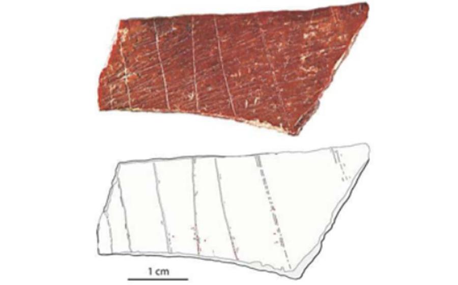 Photograph (top) and tracing (bottom) of an engraved human bone fragment found at Lingjing in China’s Henan Province. Source: Francesco d’Errico and Luc Doyon / Fair Use.