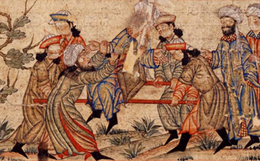 A famous assassin from history, an agent of the Assassins (left, in white turban) fatally stabs Nizam al-Mulk, a Seljuk vizier, in 1092 AD. (14th-century AD manuscript) Topkapi Palace Museum, Istanbul.	 Source: Public Domain