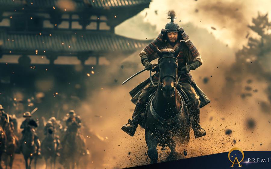 AI image of Japanese samurai riding a horse in battle. 