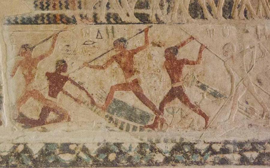 Depiction of fishermen jousting in the Mastaba tomb of Niankhkhnum and Khnumhotep, Saqqara, Egypt. Source: kairoinfo4u / CC BY-NC-SA 2.0